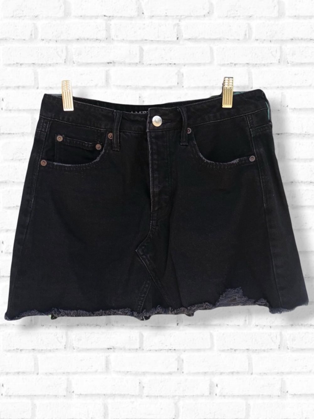 American Eagle Black Distressed Raw Hem Button Up Denim Mini Skirt 6